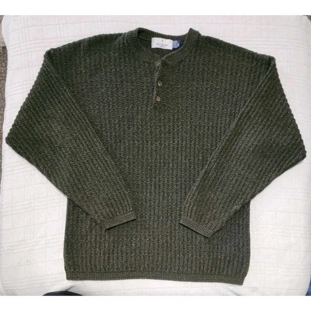 Bill Blass Sweater Mens XLT Green Henley Cable‎ Grandpa Hand Framed Vintage USA